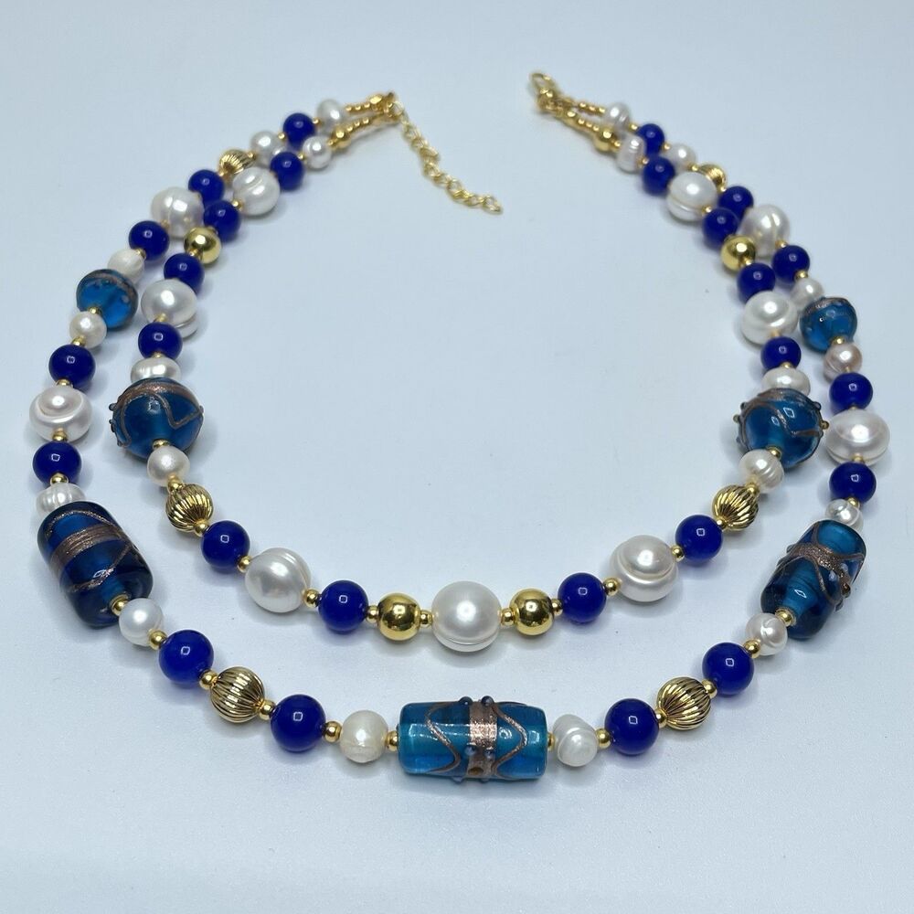 Stunning Vintage Freshwater Pearl Murano Wedding Cake Glass Beaded Necklace